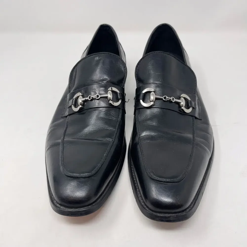 Carrucci Mens 9.5 Black Milos Signature Leather Horse Bit Buckle Loafer Shoes
